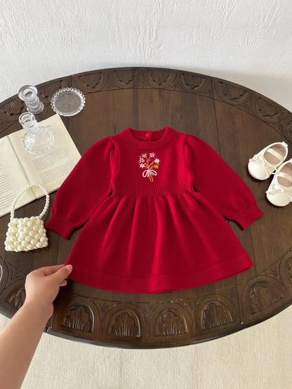 長袖ワンピース ベビーキッズワンピース フラワーブーケ刺繍ニット長袖ワンピース 2カラー【mh0007612】