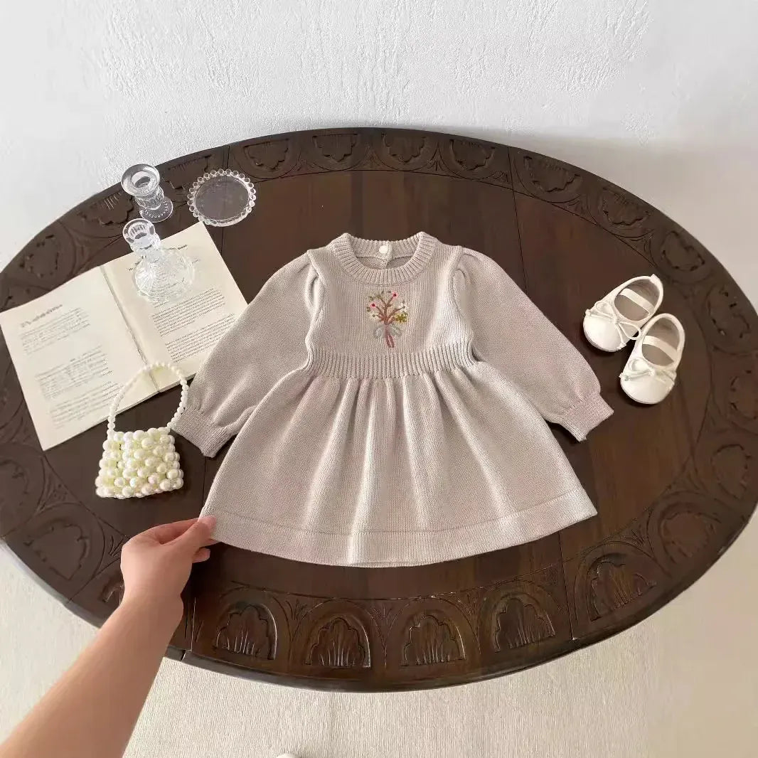 長袖ワンピース ベビーキッズワンピース フラワーブーケ刺繍ニット長袖ワンピース 2カラー【mh0007612】