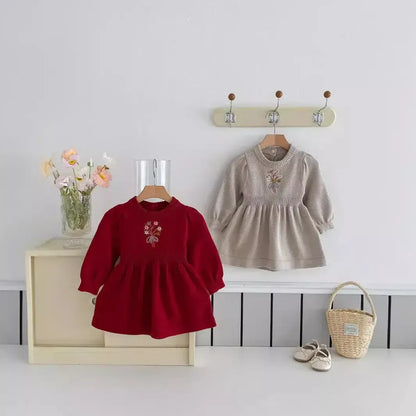 長袖ワンピース ベビーキッズワンピース フラワーブーケ刺繍ニット長袖ワンピース 2カラー【mh0007612】