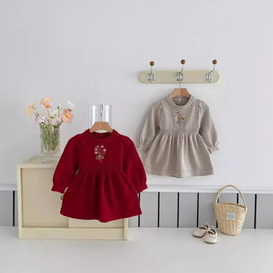 長袖ワンピース ベビーキッズワンピース フラワーブーケ刺繍ニット長袖ワンピース 2カラー【mh0007612】