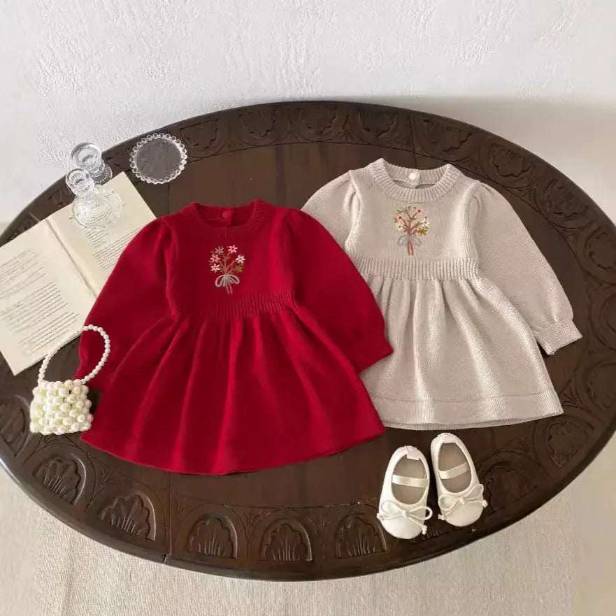 長袖ワンピース ベビーキッズワンピース フラワーブーケ刺繍ニット長袖ワンピース 2カラー【mh0007612】