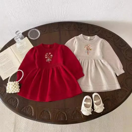 長袖ワンピース ベビーキッズワンピース フラワーブーケ刺繍ニット長袖ワンピース 2カラー【mh0007612】