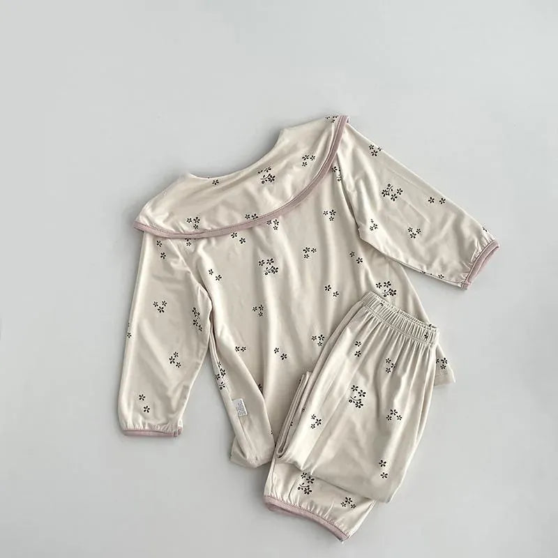 長袖パジャマ キッズセットアップ 2点セット フラワープリント長袖ブラウス+ロングパンツ 長袖パジャマセット【mh0007639】