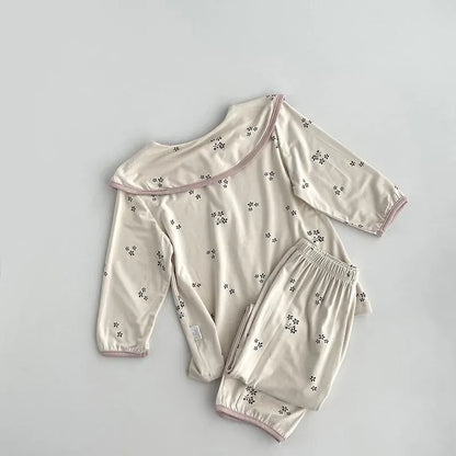 長袖パジャマ キッズセットアップ 2点セット フラワープリント長袖ブラウス+ロングパンツ 長袖パジャマセット【mh0007639】