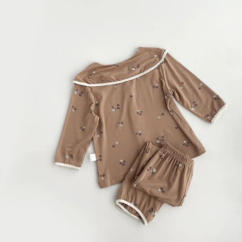 長袖パジャマ キッズセットアップ 2点セット フラワープリント長袖ブラウス+ロングパンツ 長袖パジャマセット【mh0007639】