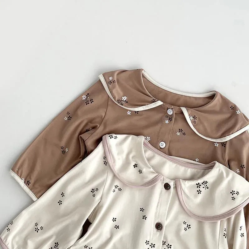 長袖パジャマ キッズセットアップ 2点セット フラワープリント長袖ブラウス+ロングパンツ 長袖パジャマセット【mh0007639】