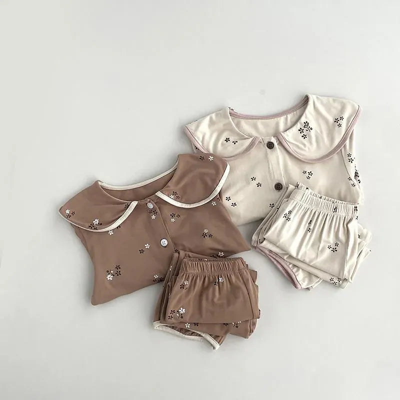 長袖パジャマ キッズセットアップ 2点セット フラワープリント長袖ブラウス+ロングパンツ 長袖パジャマセット【mh0007639】