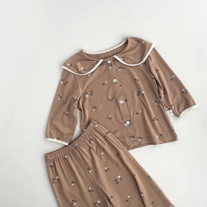 長袖パジャマ キッズセットアップ 2点セット フラワープリント長袖ブラウス+ロングパンツ 長袖パジャマセット【mh0007639】