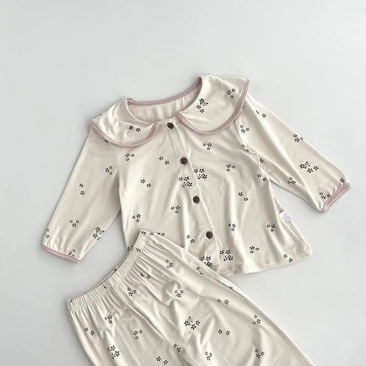 長袖パジャマ キッズセットアップ 2点セット フラワープリント長袖ブラウス+ロングパンツ 長袖パジャマセット【mh0007639】
