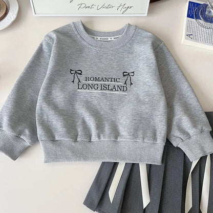 長袖セットアップ キッズセットアップ 2点セット リボンロゴプリント長袖スウェットシャツ+ダブルリボンプリーツスカート【mh0007649】