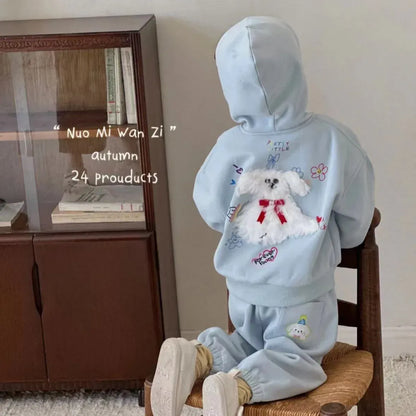 長袖セットアップ キッズセットアップ 2点セット バックアニマルアップリケジップアップフーディスウェットジャケット+ロングスウェットパンツ【mh0007662】