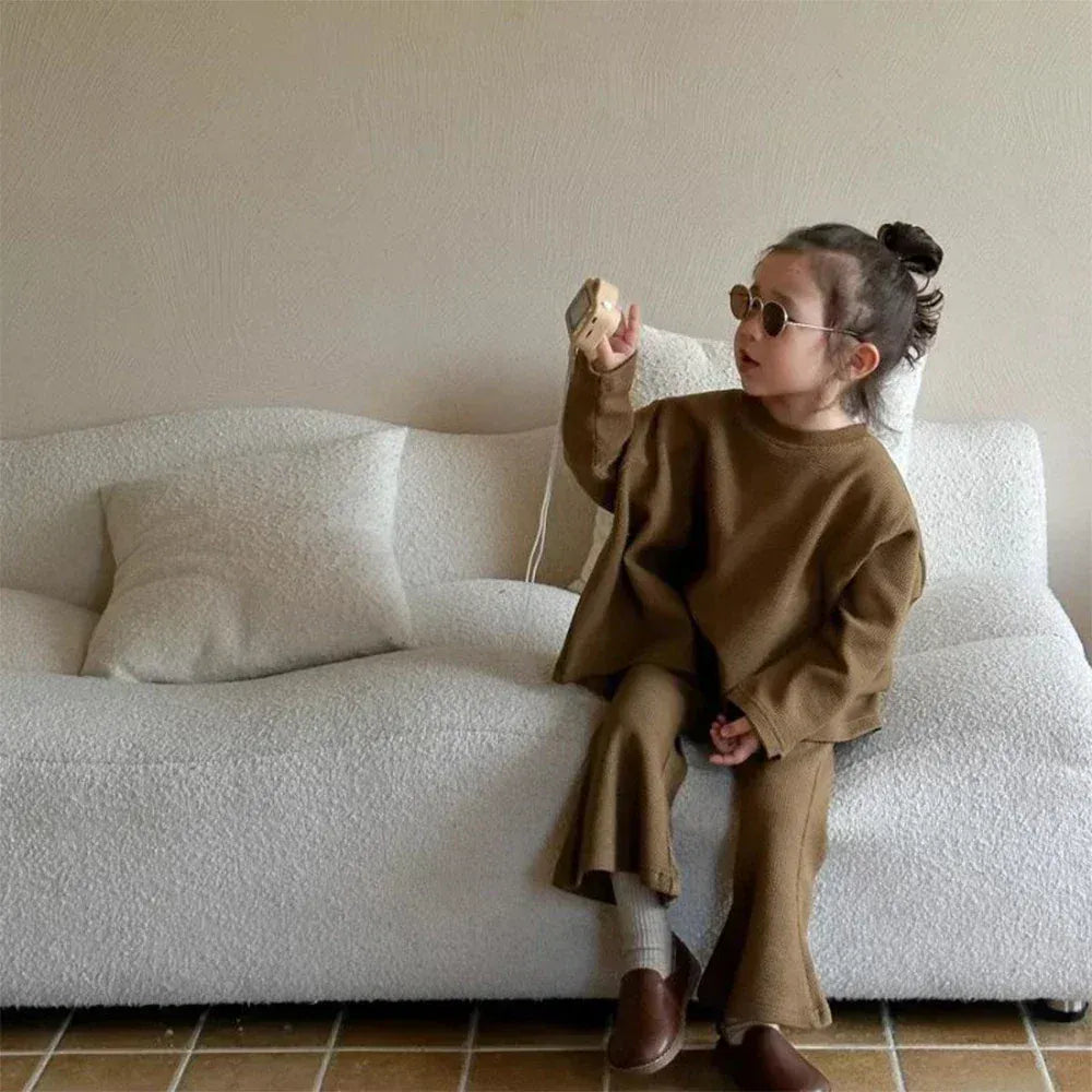 長袖セットアップ キッズセットアップ 2点セット アシメ裾長袖プルオーバー+フレアニットパンツ【mh0007696】