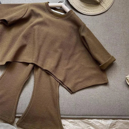 長袖セットアップ キッズセットアップ 2点セット アシメ裾長袖プルオーバー+フレアニットパンツ【mh0007696】