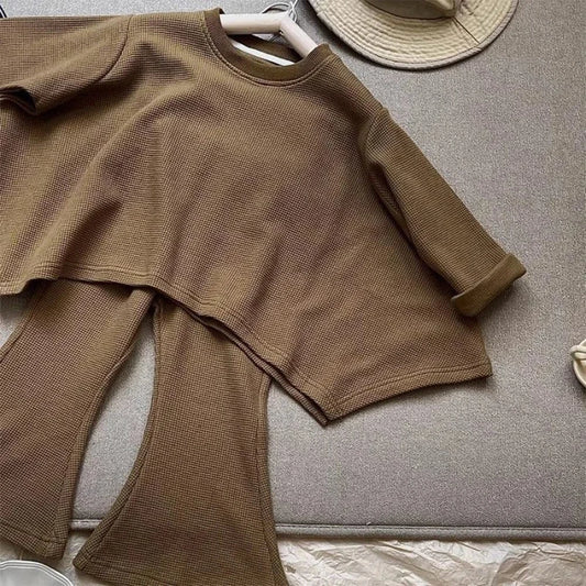 長袖セットアップ キッズセットアップ 2点セット アシメ裾長袖プルオーバー+フレアニットパンツ【mh0007696】