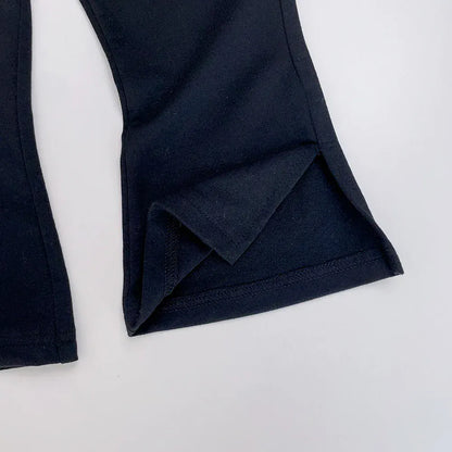 長袖セットアップ キッズセットアップ 2点セット フラワー襟ボーダーニットセータートップス+フレアロングパンツ【mh0007698】