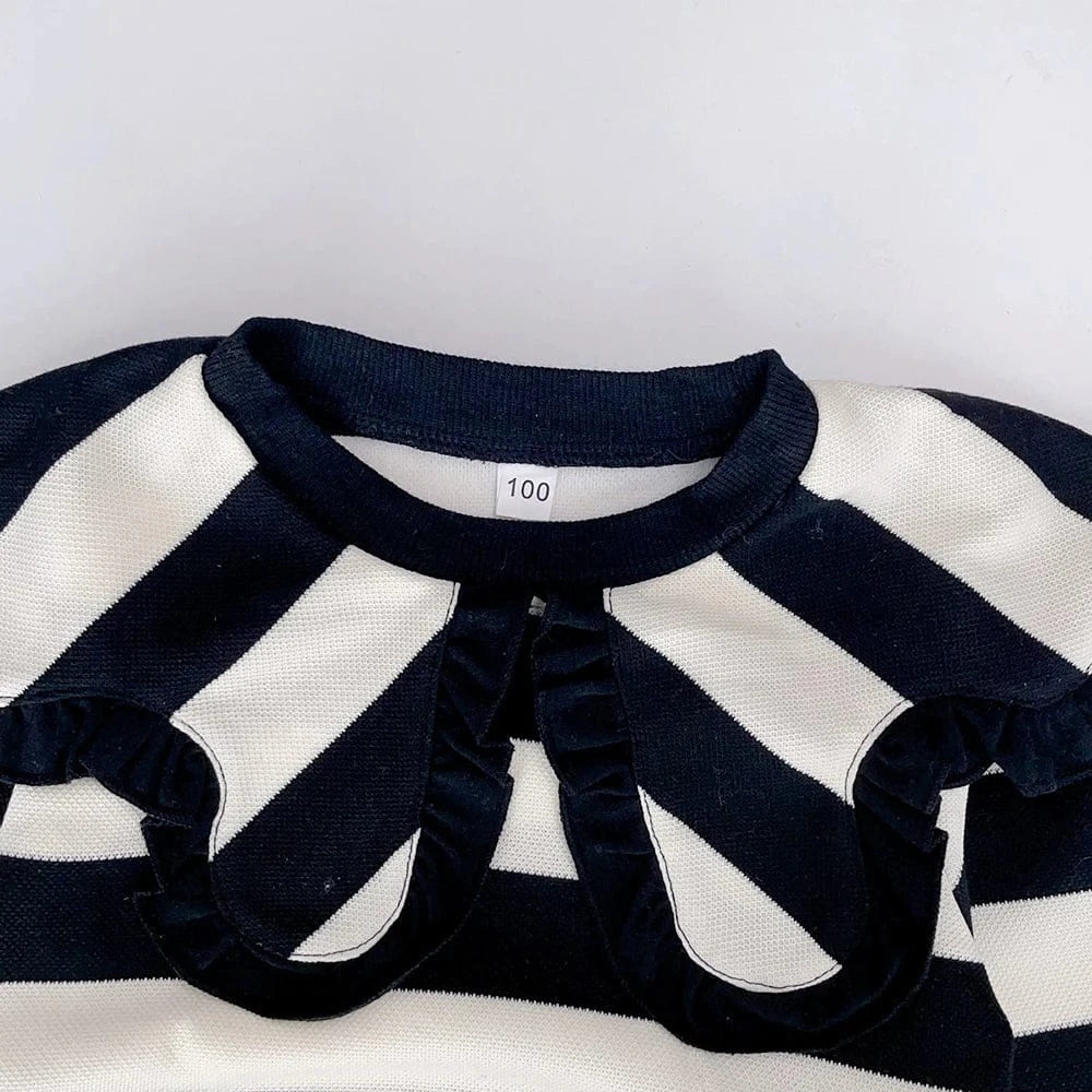 長袖セットアップ キッズセットアップ 2点セット フラワー襟ボーダーニットセータートップス+フレアロングパンツ【mh0007698】