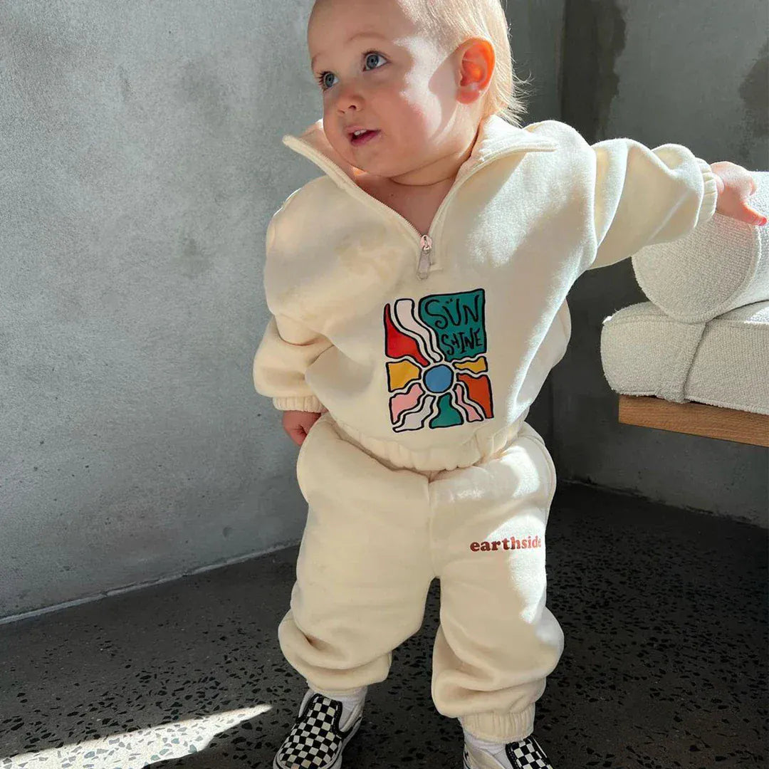 長袖セットアップ ベビーキッズセットアップ 2点セット ロゴプリントハーフジップフリーススウェットシャツ+ロングパンツ【mh0007701】