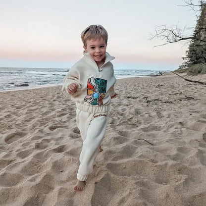 長袖セットアップ ベビーキッズセットアップ 2点セット ロゴプリントハーフジップフリーススウェットシャツ+ロングパンツ【mh0007701】