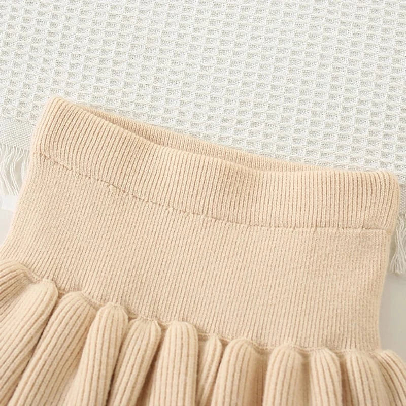 長袖セットアップ キッズセットアップ 2点セット ハート長袖ニットセータープルオーバー+ハイウェストティアードフリルニットミニスカート【mh0007709】