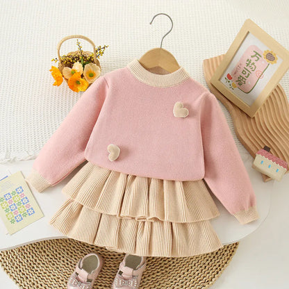 長袖セットアップ キッズセットアップ 2点セット ハート長袖ニットセータープルオーバー+ハイウェストティアードフリルニットミニスカート【mh0007709】