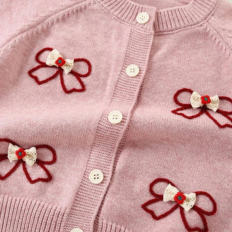 長袖セットアップ キッズセットアップ 2点セット リボン刺繍長袖ニットカーディガントップス+ティアードフリルケーキスカート【mh0007712】