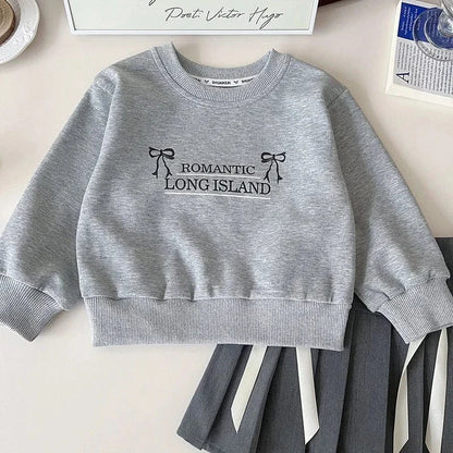 長袖セットアップ キッズセットアップ 2点セット リボン刺繍スウェットトレーナー+リボンプリーツスカート グレー【mh0007756】