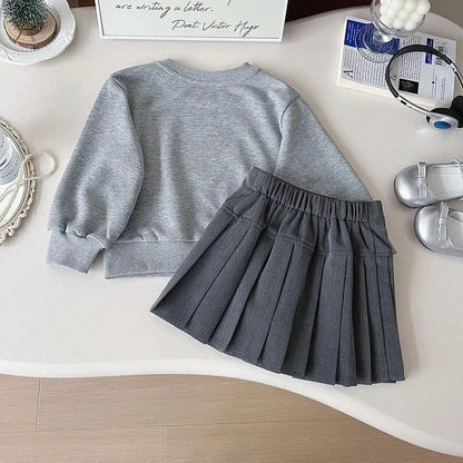 長袖セットアップ キッズセットアップ 2点セット リボン刺繍スウェットトレーナー+リボンプリーツスカート グレー【mh0007756】