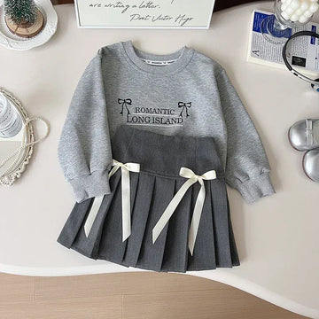 長袖セットアップ キッズセットアップ 2点セット リボン刺繍スウェットトレーナー+リボンプリーツスカート グレー【mh0007756】