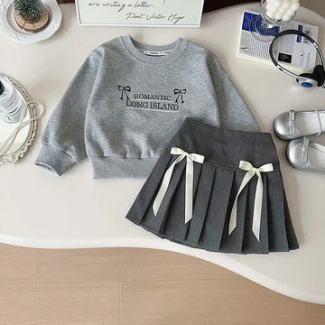 長袖セットアップ キッズセットアップ 2点セット リボン刺繍スウェットトレーナー+リボンプリーツスカート グレー【mh0007756】