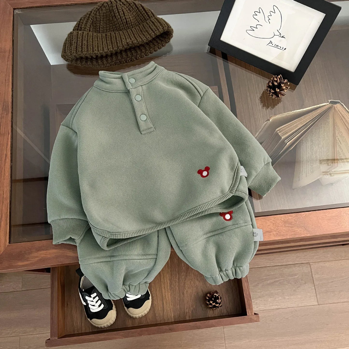 長袖セットアップ ベビーキッズセットアップ 2点セット フリーススタンドカラープルオーバー+ロングパンツ【mh0008038】