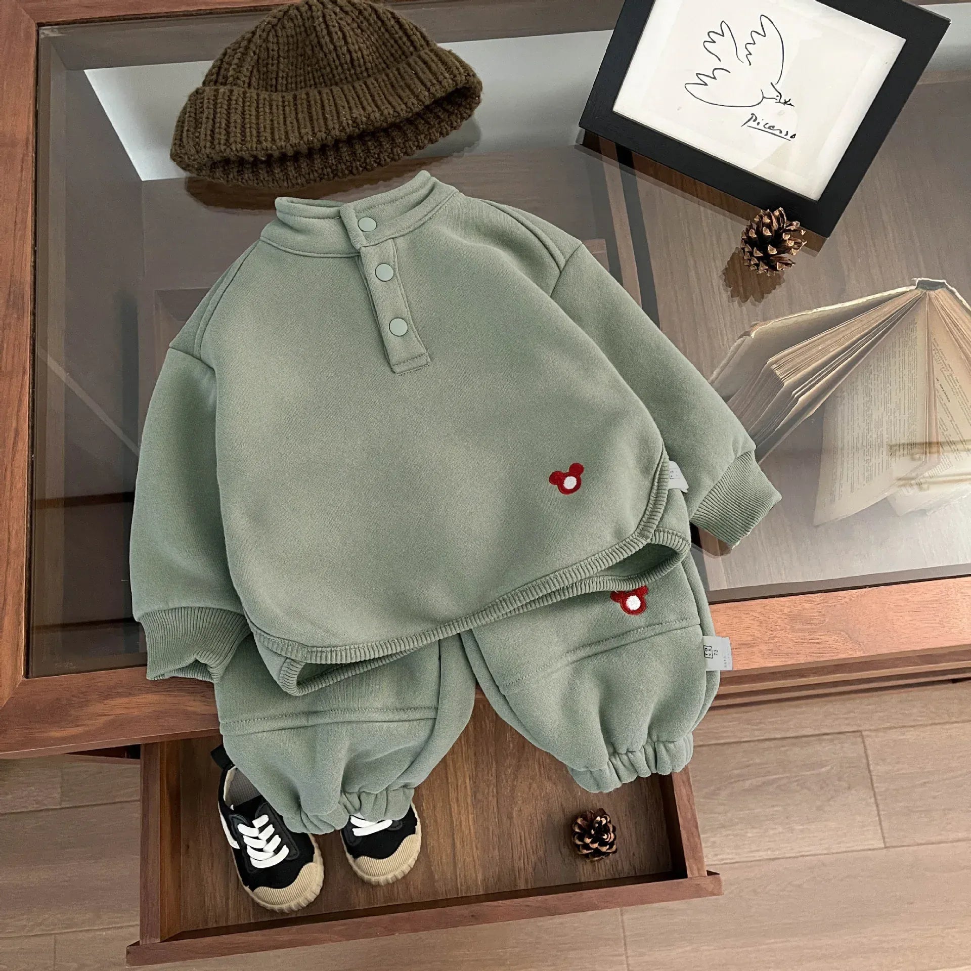 長袖セットアップ ベビーキッズセットアップ 2点セット フリーススタンドカラープルオーバー+ロングパンツ【mh0008038】