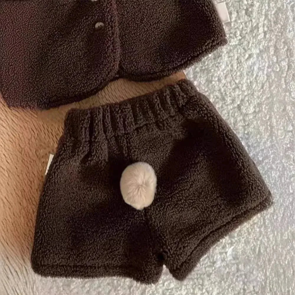 ノースリーブセットアップ ベビーセットアップ 2点セット うさ耳付きボアフリース前あきベスト+しっぽ付きショートパンツ【mh0008135】