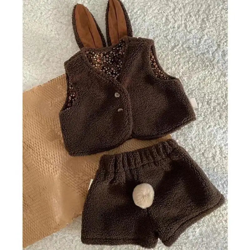 ノースリーブセットアップ ベビーセットアップ 2点セット うさ耳付きボアフリース前あきベスト+しっぽ付きショートパンツ【mh0008135】