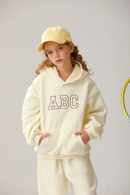 長袖セットアップ キッズセットアップ 2点セット レターロゴ刺繍フリースフーディパーカー+ロングパンツ【mh0008168】