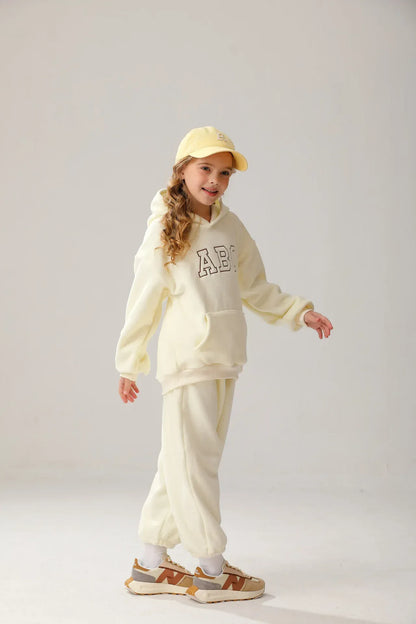 長袖セットアップ キッズセットアップ 2点セット レターロゴ刺繍フリースフーディパーカー+ロングパンツ【mh0008168】