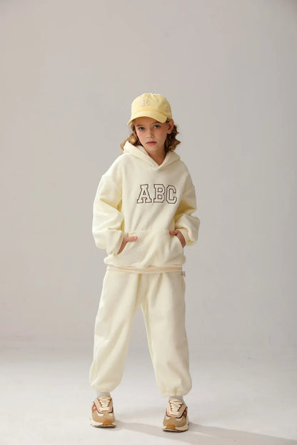 長袖セットアップ キッズセットアップ 2点セット レターロゴ刺繍フリースフーディパーカー+ロングパンツ【mh0008168】