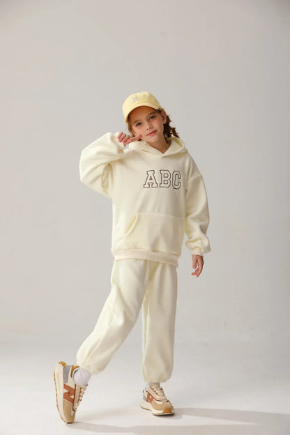 長袖セットアップ キッズセットアップ 2点セット レターロゴ刺繍フリースフーディパーカー+ロングパンツ【mh0008168】