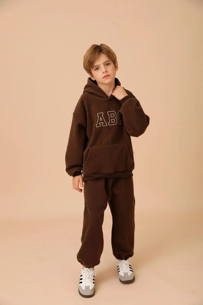 長袖セットアップ キッズセットアップ 2点セット レターロゴ刺繍フリースフーディパーカー+ロングパンツ【mh0008168】