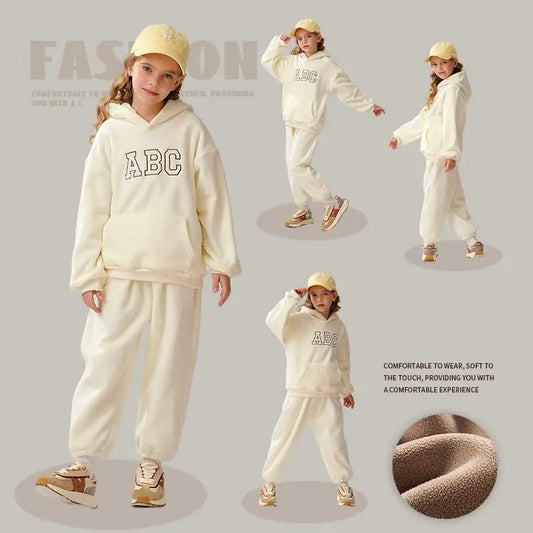 長袖セットアップ キッズセットアップ 2点セット レターロゴ刺繍フリースフーディパーカー+ロングパンツ【mh0008168】