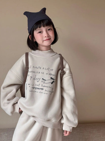 長袖セットアップ キッズセットアップ 2点セット ロゴプリント裏フリース長袖スウェットシャツ+ロングスウェットパンツ【mh0008181】