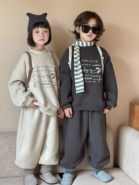 長袖セットアップ キッズセットアップ 2点セット ロゴプリント裏フリース長袖スウェットシャツ+ロングスウェットパンツ【mh0008181】