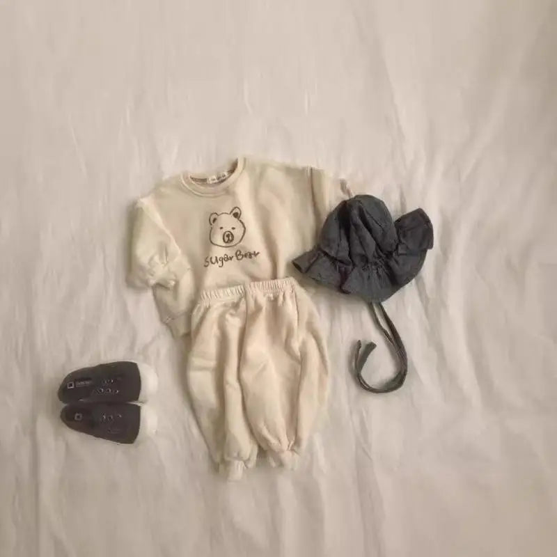 長袖セットアップ ベビーセットアップ 2点セット ベアくまプリント長袖スウェットシャツ+ロングスウェットパンツ【mh0008307】