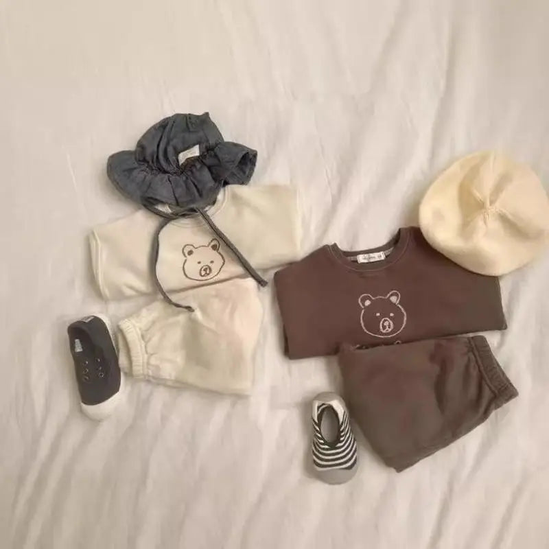 長袖セットアップ ベビーセットアップ 2点セット ベアくまプリント長袖スウェットシャツ+ロングスウェットパンツ【mh0008307】