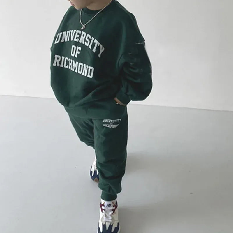 長袖セットアップ キッズセットアップ 2点セット レターロゴプリント長袖スウェットシャツ+スウェットロングパンツ【mh0008554】