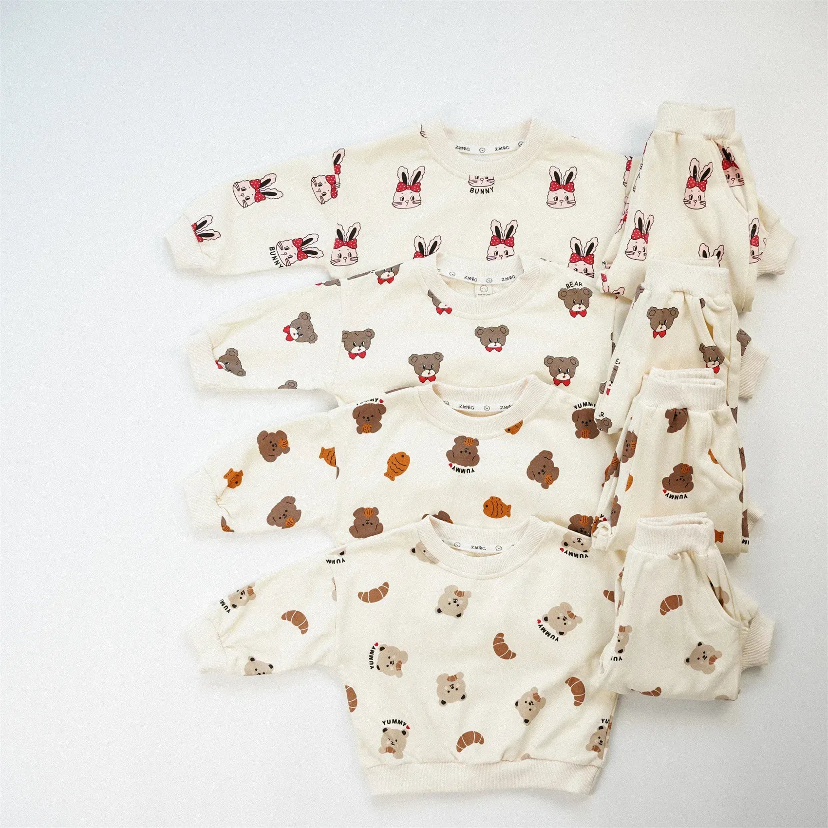 長袖セットアップ キッズセットアップ 2点セット ベアくま/うさぎプリント長袖スウェットシャツ+ロングスウェットパンツ【mh0008558】