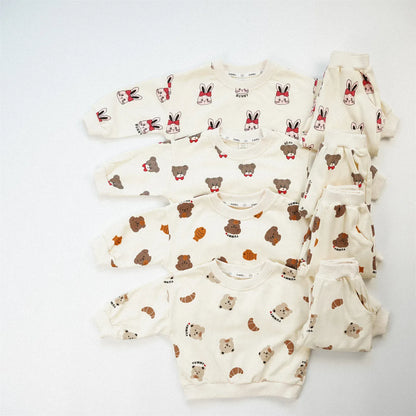 長袖セットアップ キッズセットアップ 2点セット ベアくま/うさぎプリント長袖スウェットシャツ+ロングスウェットパンツ【mh0008558】