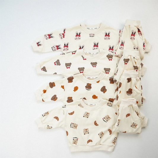 長袖セットアップ キッズセットアップ 2点セット ベアくま/うさぎプリント長袖スウェットシャツ+ロングスウェットパンツ【mh0008558】