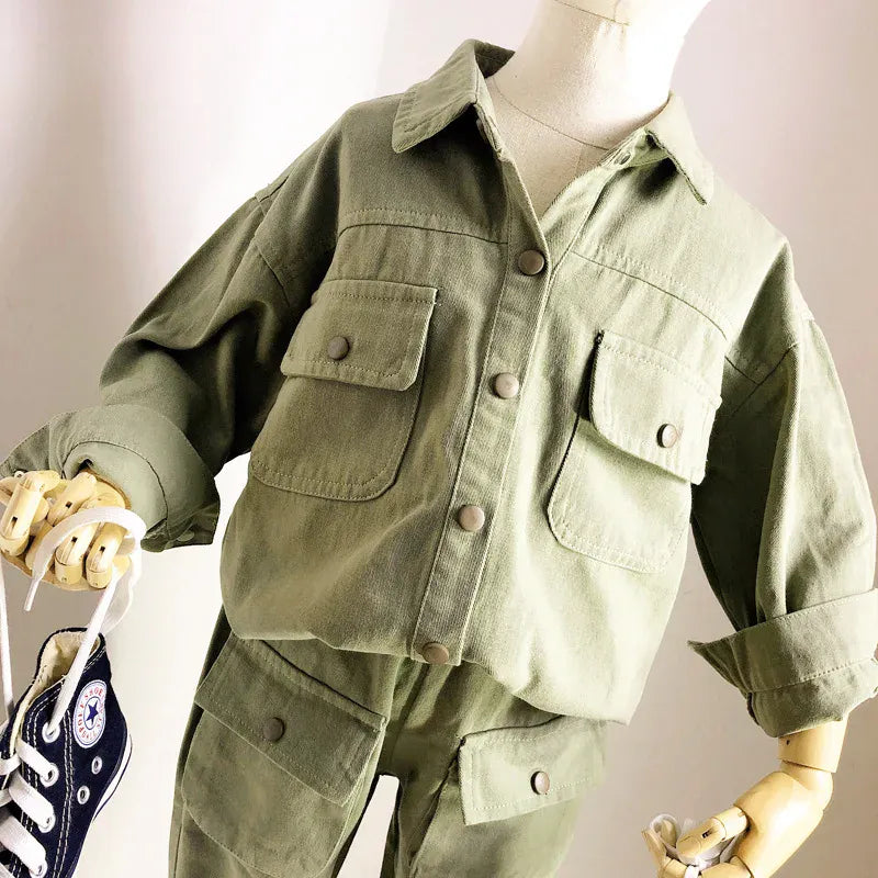 長袖セットアップ キッズセットアップ 2点セット 長袖サファリシャツ+ロングカーゴパンツ【mh0008572】