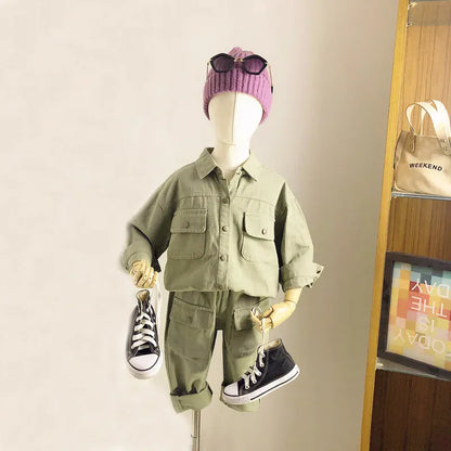 長袖セットアップ キッズセットアップ 2点セット 長袖サファリシャツ+ロングカーゴパンツ【mh0008572】