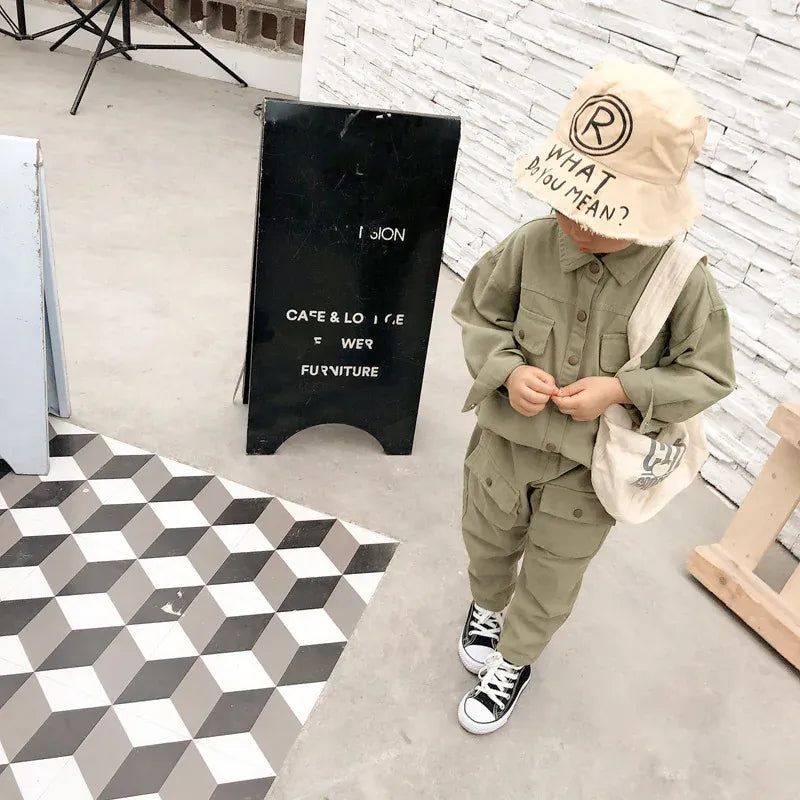 長袖セットアップ キッズセットアップ 2点セット 長袖サファリシャツ+ロングカーゴパンツ【mh0008572】